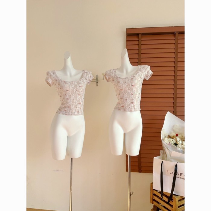 Nguyên Chất Desire Cổ Vuông Phối Ren Áo Thun Nữ Tay Ngắn Nữ Pháp Slim Fit Mỏng Tính Khí Nguyê