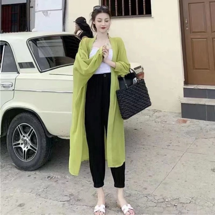 Mùa Hè Siêu Cổ Tích Phong Cách Nữ Dài Qua Đầu Gối Cardigan Thời Trang Áo Khoác Mỏng Phong Cách H
