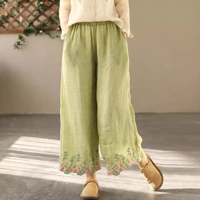 Mùa Xuân Và Mùa Hè Mới Retro Phong Cách Trung Hoa Co Giãn Rộng Cotton Và Vải Lanh Quần Âu Thêu Q