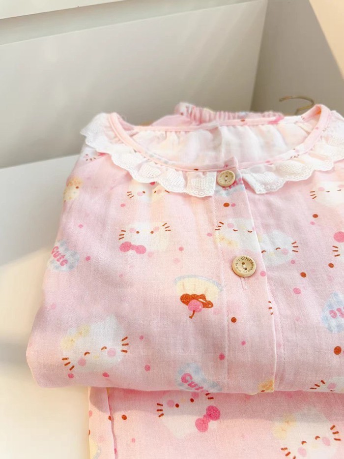 Dễ Thương In Hình Hello Kitty Dài Tay Cloud Cotton Mùa Ngọt Quần Mỏng Trẻ Em Mặc Ở Nhà Hai Bộ