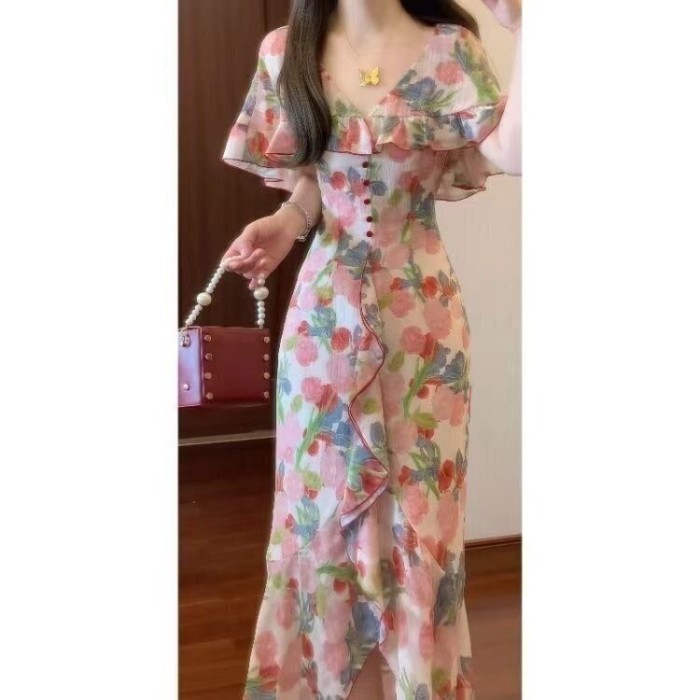 Đầm xù mỏng phong cách mới mùa hè, họa tiết hoa hẹp, phù hợp cho kỳ nghỉ