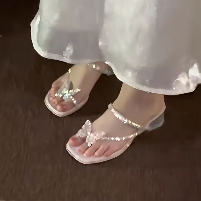 Giày Xăng Đan Gót Dày Đính Kim Cương Giả Cho Nữ Mặc Mùa Hè Cổ Tích Nơ Thông Giày Sandal Cao Gót