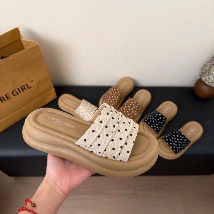 Dép đa năng chấm bi phong cách retro Hàn Quốc dành cho nữ mặc ngoài, dép xỏ ngón thời trang,