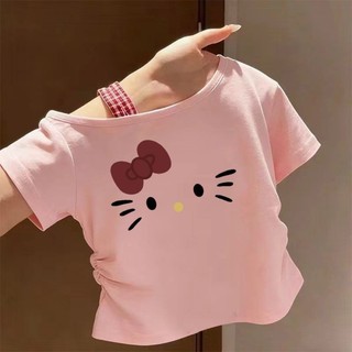Áo thun ngắn tay cho bé gái Áo trễ vai giảm béo cho trẻ em Áo thun hình mèo Kitty ngọt ngào mùa hè