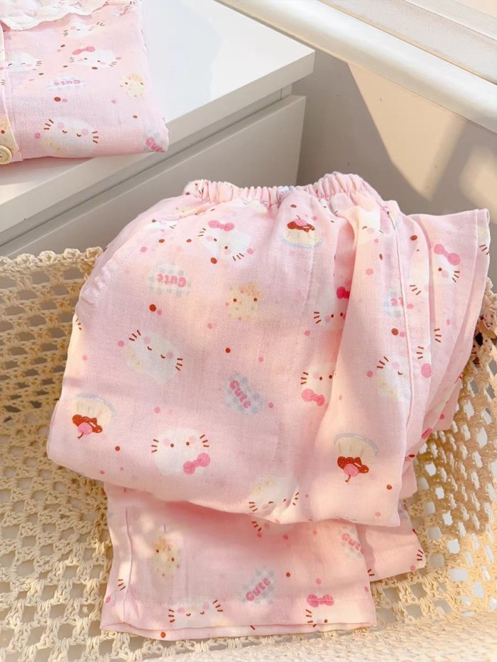 Dễ Thương In Hình Hello Kitty Dài Tay Cloud Cotton Mùa Ngọt Quần Mỏng Trẻ Em Mặc Ở Nhà Hai Bộ