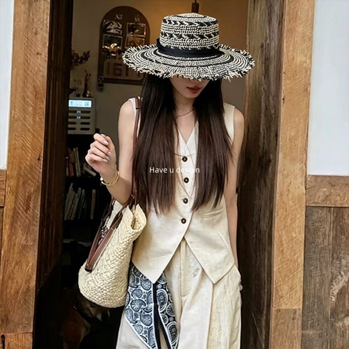 Have u desgin Pháp Retro Phong Cách Tiền Cũ Flat Top Mũ Rơm Nữ Mùa Hè Cao Cấp Phối Ren Màu Hỗn Hợp Mũ Rơm Vành Lớn Mũ Đi Biển