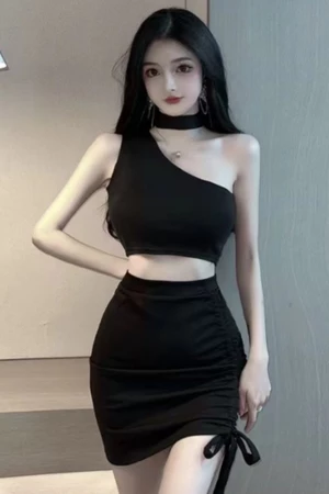 Người nổi tiếng trên Internet áo trễ vai kiểu ngựa gợi cảm + bộ váy hông dây rút buộc dây