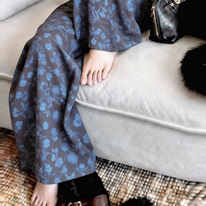 Quần ống rộng họa tiết hoa màu xanh thông thường dành cho nữ Mùa hè dáng rộng Quần thẳng cao cấp
