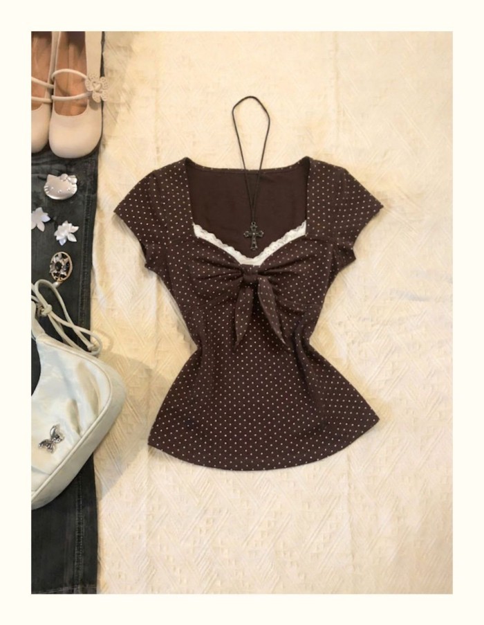 Năm thiết kế thời trang giản dị Millennial Retro Mỹ hottie y2k eo giả hai mảnh áo thun chấm b