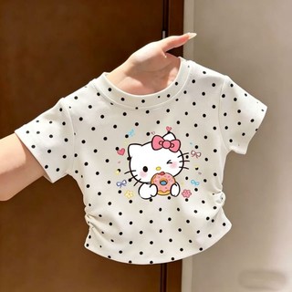 Áo thun ngắn tay chấm bi mùa hè cho bé gái phong cách Hàn Quốc Áo thun cotton co giãn kiểu dáng trẻ