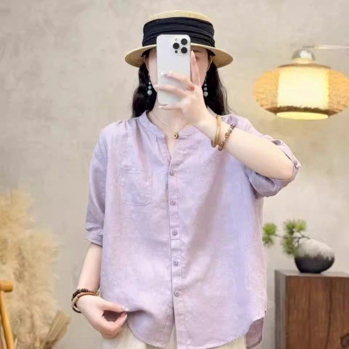 Áo sơ mi sạch sẽ ngắn tay bằng cotton và vải lanh cho nữ, áo sơ mi ôm một bên ngực, áo len dáng rộn