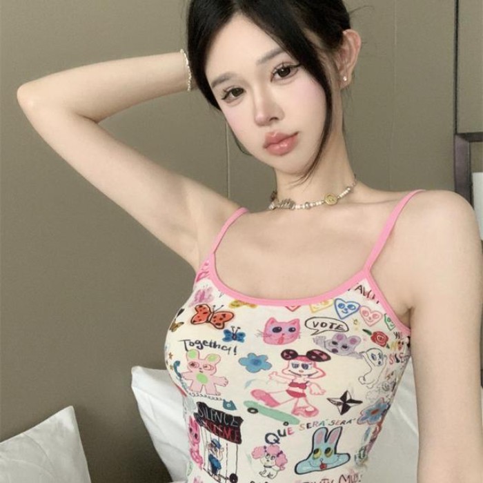 Bộ trang phục kiểu Mỹ retro dopamine áo yếm ôm vừa vặn hot girl mùa hè ngắn dáng ôm đơn giản á