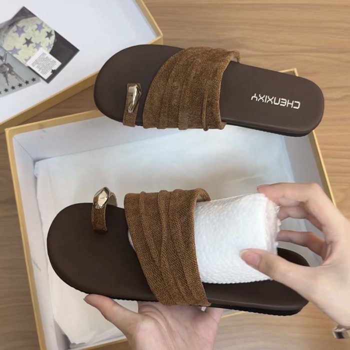 Lan ~ Pháp Siêu Mềm Xếp Ly Da Báo In Dép Nữ Mùa Hè Mặc Ngoài Phong Cách Mới Flat Niche Đẹp Bộ Ngón Chân Flip-Flops