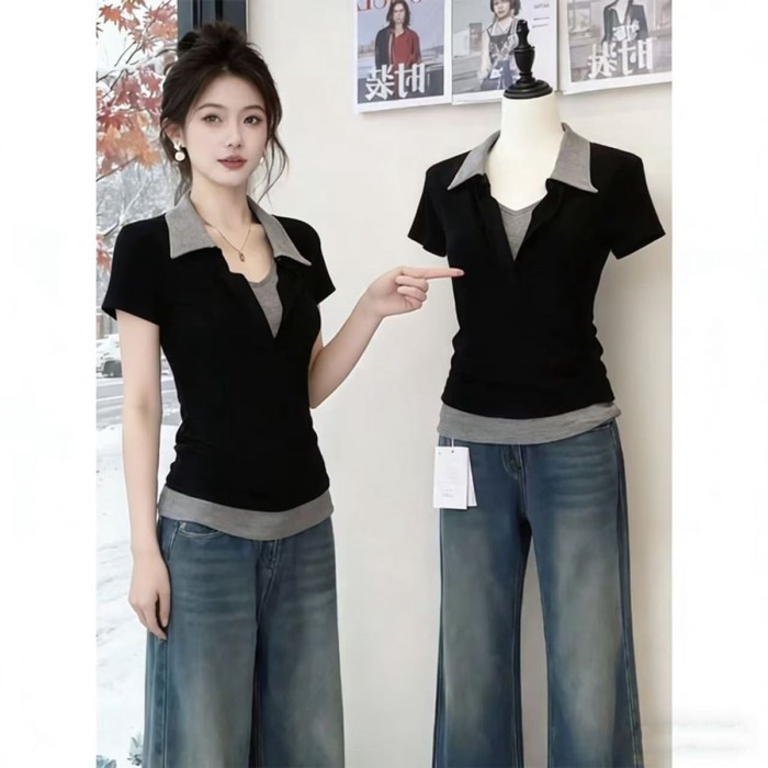 màu sắc tương phản nối áo sơ mi polo có ve áo mỏng vừa vặn vai phải Áo thun ngắn tay mùa hè nữ p