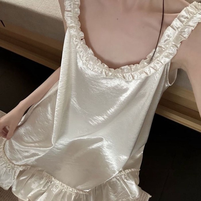 Bộ đồ ngủ công chúa màu trắng ngọc trai mùa hè, dây đeo ren cao cấp của Pháp, váy giữa, đồ mặc ở nh