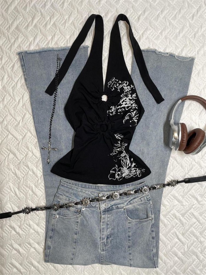 Phong cách retro in hoa dây đeo cổ áo vest nữ hot girl người Mỹ thon gọn đáy mới hàng đầu Châ