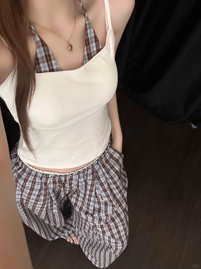 Bộ đồ ngủ có dây đeo kẻ sọc nâu cổ điển cao cấp Hàn Quốc dành cho nữ mùa hè mới vest quần có