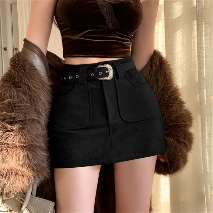 Da hoẵng Hot Girl Váy Váy ngắn Váy ngắn eo cao Giày bốt giảm béo