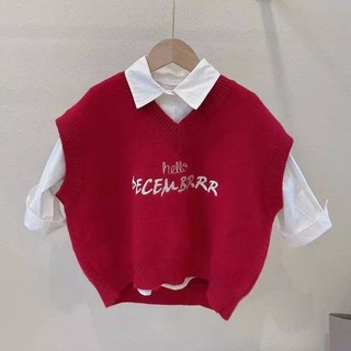 Áo vest dệt kim thêu chữ quần áo trẻ em đẹp trai phong cách Hàn Quốc áo vest nam nữ sành điệu màu đ