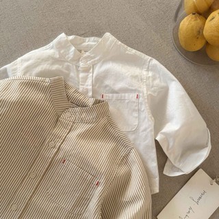 Áo sơ mi cotton sọc nguyên chất cho bé trai và bé gái màu trơn có túi áo sơ mi trắng giản dị