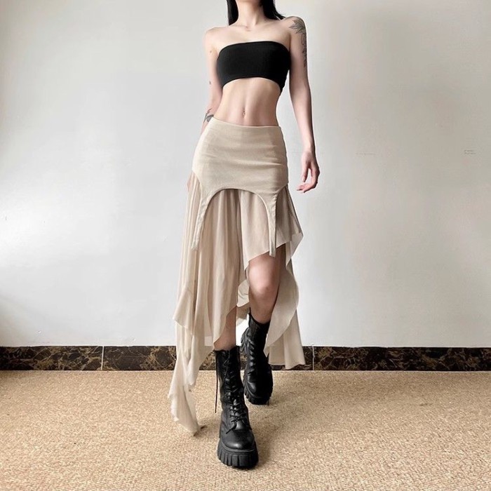 Váy xẻ mỏng không đều nữ cạp cao lộ rốn váy ôm vừa vặn đa năng