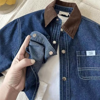 Áo sơ mi denim bé trai áo sơ mi denim mềm wash màu khối áo khoác trẻ em