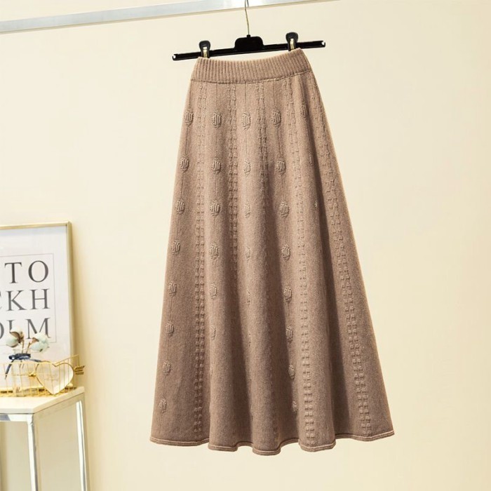 Váy dệt kim viền lớn lưng cao dành cho nữ thời trang thu đông dài vừa phải vải len jacquard k