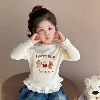 Áo thun dài tay bé gái phối ren cổ tròn viền đáy
