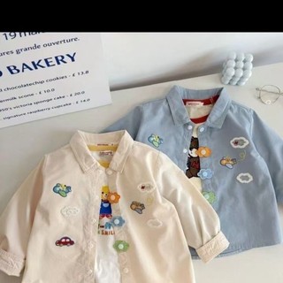 Áo Sơ Mi Bé Trai Cotton Nguyên Chất Hoạt Hình Top Bé Gái Áo Dài Tay Phong Cách Áo Sơ Mi Thêu
