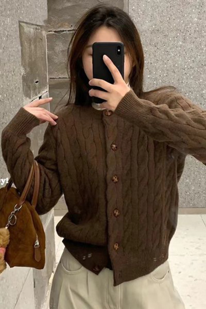 Áo len xoắn áo khoác cardigan xuân thu phong cách Hàn Quốc lười biếng dài tay áo len cổ tròn