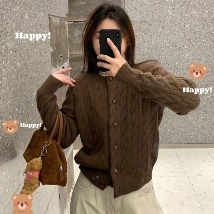 Áo len xoắn áo khoác cardigan xuân thu phong cách Hàn Quốc lười biếng dài tay áo len cổ tròn