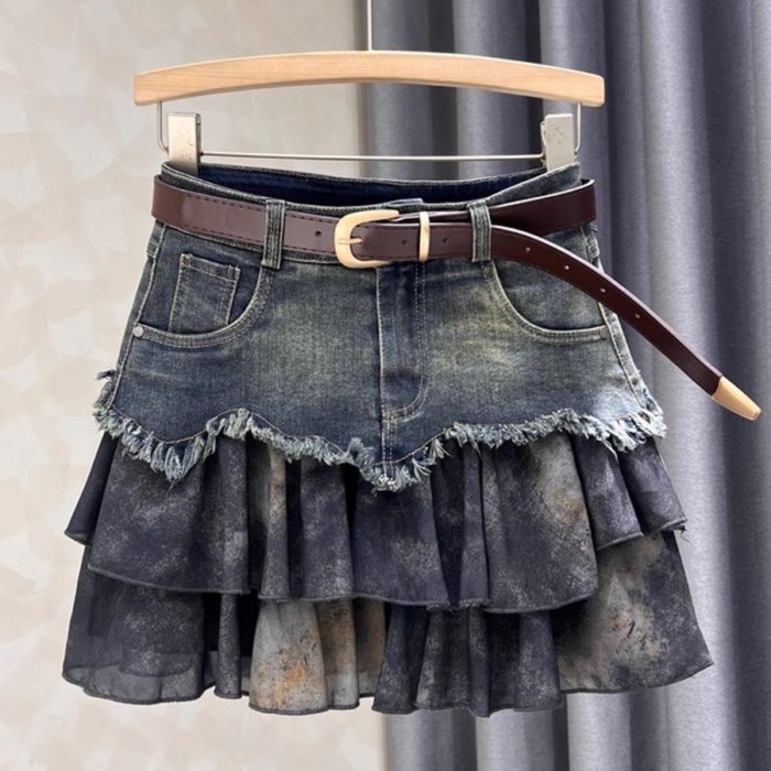 Chân váy denim nữ mùa hè viền thô không đều, lưng cao, chân váy chữ A thon gọn và ôm hông
