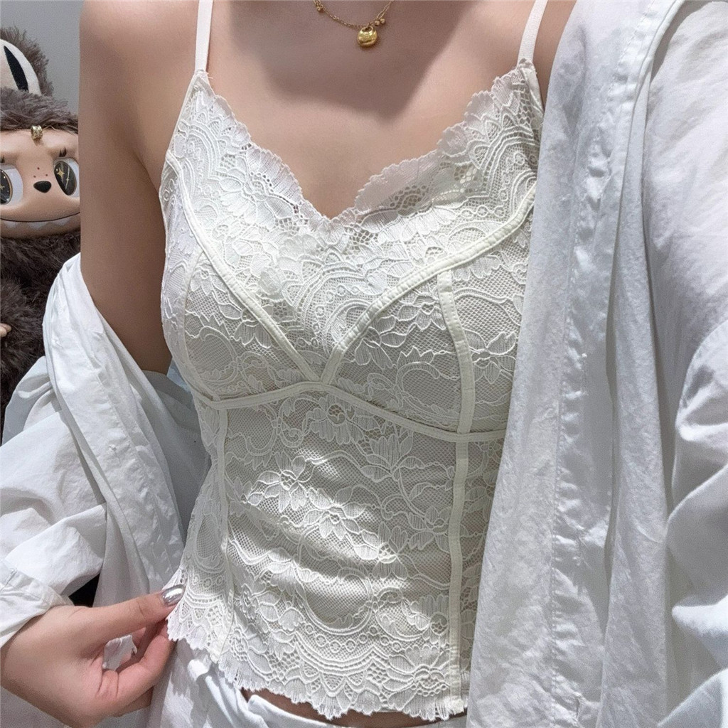 Camisole nữ ren Pháp có miếng lót ngực, dáng ôm, phù hợp mùa thu, thích hợp mặc cả bên trong lẫn bên ngoài.