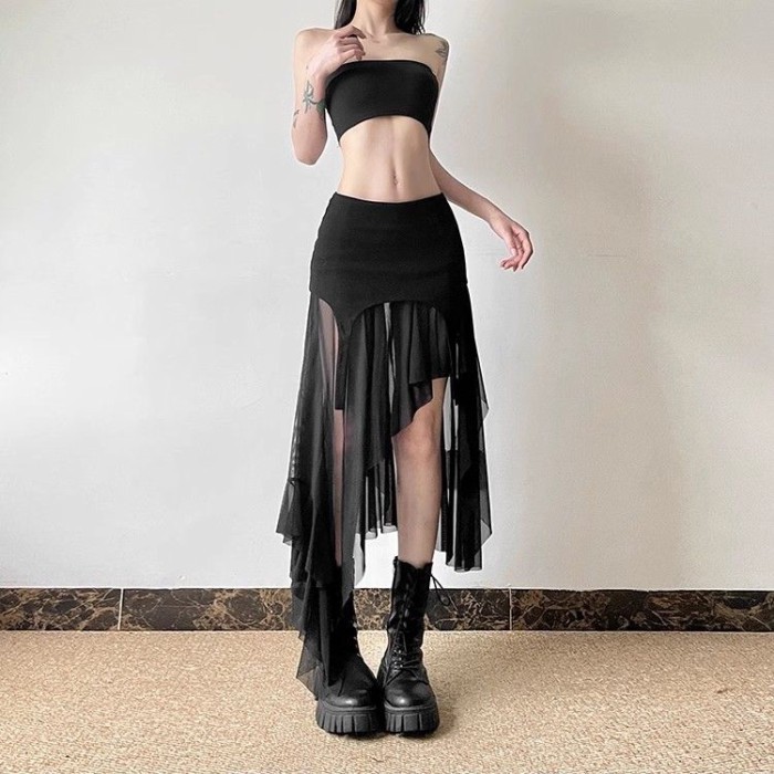 Váy xẻ mỏng không đều nữ cạp cao lộ rốn váy ôm vừa vặn đa năng