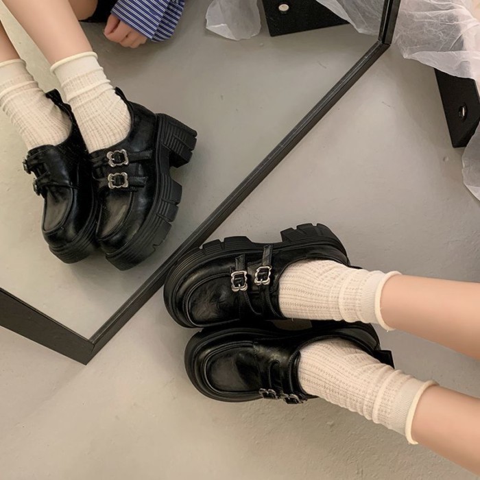 Giày da nhỏ đế dày, giày lười nữ, gót dày, gót cao, giày Mary Jane