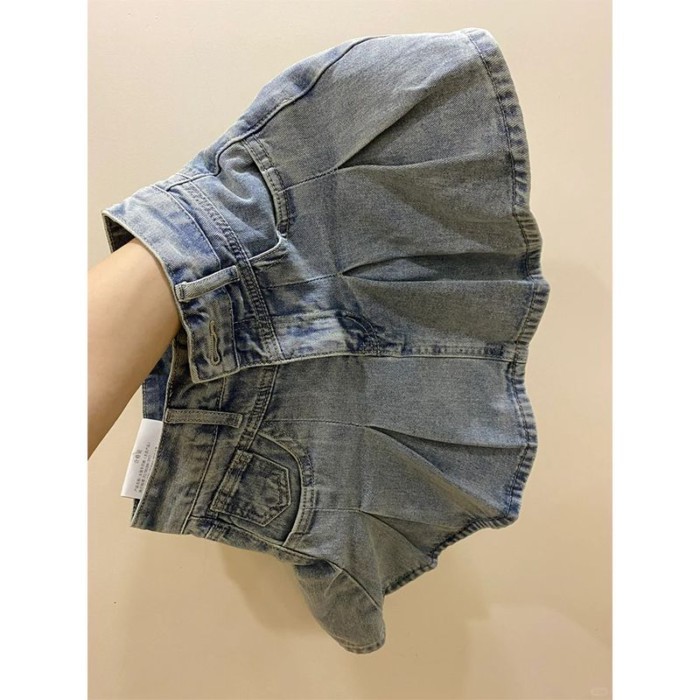 Váy denim cổ điển cỡ lớn mùa hè mới chống lộ thiết kế eo cao váy xếp ly giảm béo