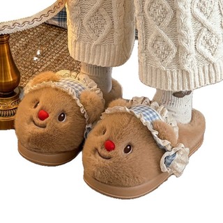 Bước lên Shit Feel Cotton Dép Nữ Gấu Dễ Thương Thu Đông Nhà Sang Trọng Ấm Áp Đế Dày Sinh Viên Bông Dép Nữ Mặc Ngoài
