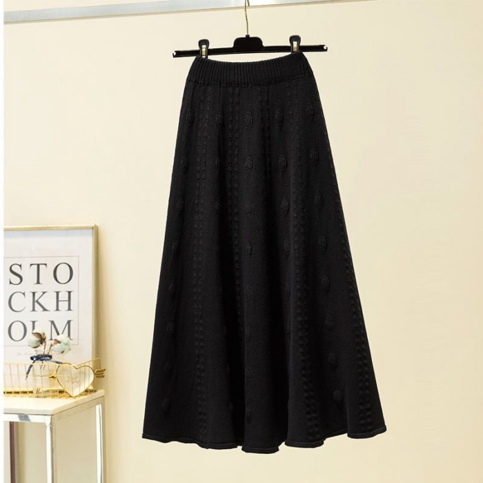Váy dệt kim viền lớn lưng cao dành cho nữ thời trang thu đông dài vừa phải vải len jacquard k