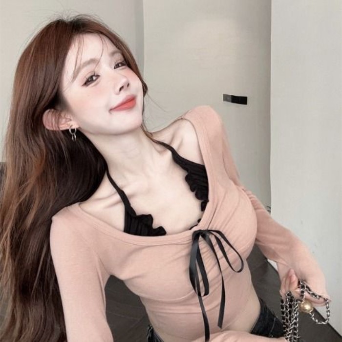 Nguyên Chất Desire Hot Girl Tay Dài Dây Áo Thun Nữ Ren Nối Slim Fit Ngắn Giả 2 Đầu