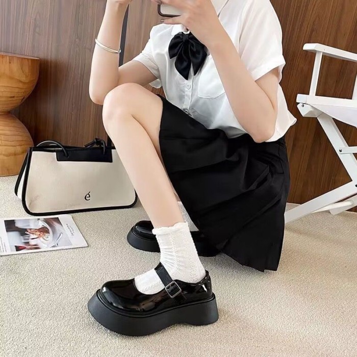 Giày da nhỏ JK mũi tròn đế dày dành cho nữ đi học Giày đế bệt mũi to Mary Jane cao cấp