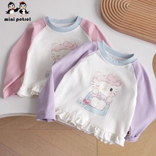 DeRong Dài Tay Màu Sắc Tương Phản Hoạt Hình Bé Gái Áo Thun Top Cổ Tròn Cho Bé Đáy Áo Thun