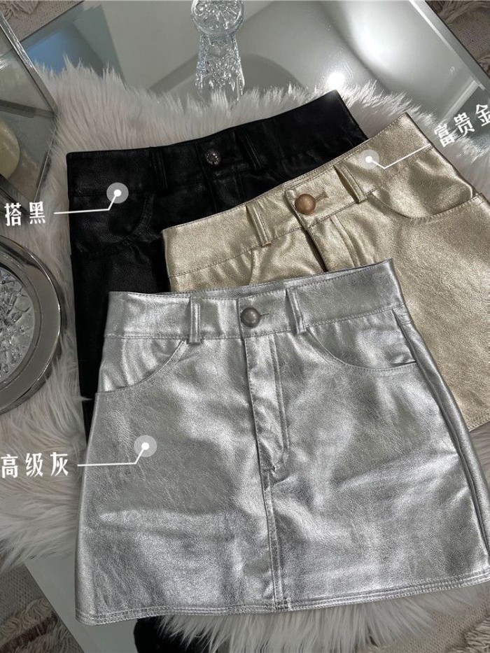 Váy da PU màu bạc thu đông nữ mới chống lộ váy ôm lưng cao che hông