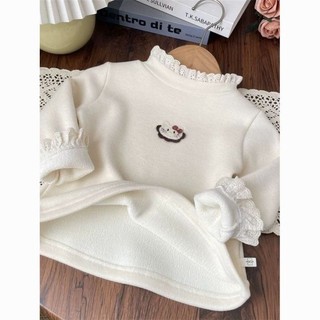 Áo thun nhung cổ lọ phối ren nửa trong một cho bé gái cộng với áo giữ nhiệt bên trong nhung dành ch