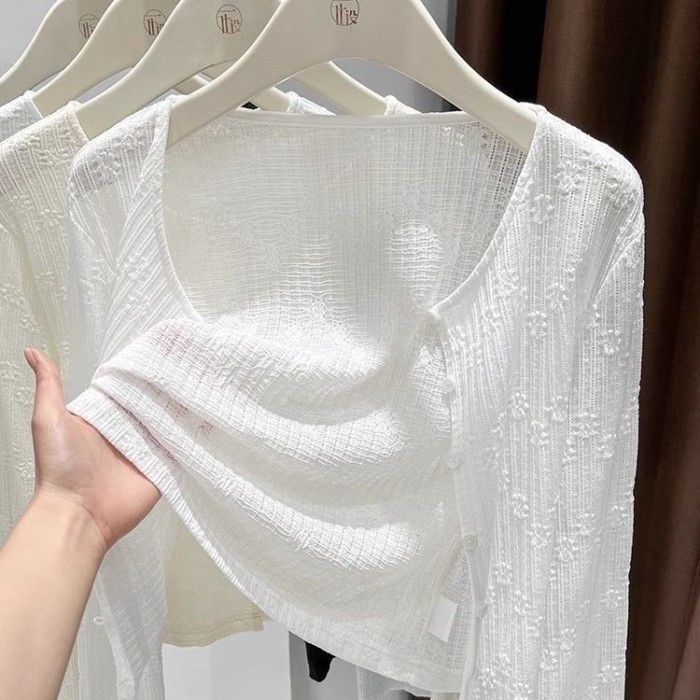 Áo cardigan ren chống nắng jacquard váy treo mặc với áo dài tay dành cho nữ, khăn choàng mỏng đi bi