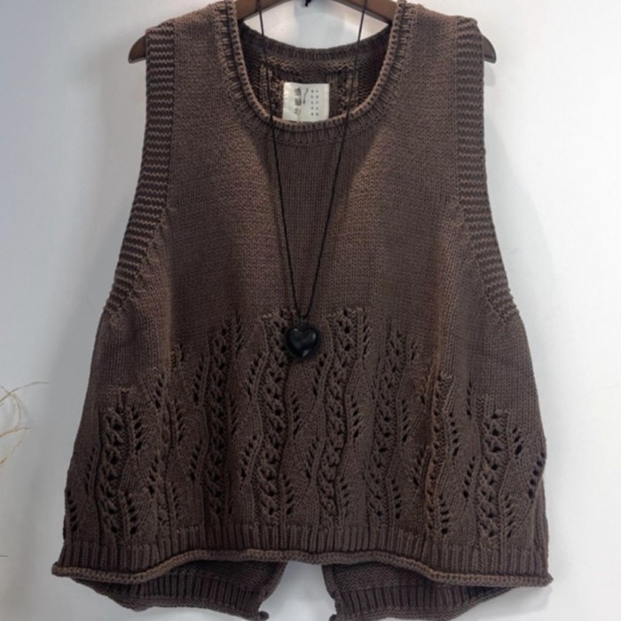 Mới Retro Áo Len Dệt Kim Áo Vest Xuân Thu Rời Áo Kích Thước Lớn Rỗng Áo Top