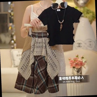 Bé gái phong cách Hàn Quốc nơ màu trơn thiết kế tay ngắn đa năng rỗng nối váy kẻ sọc