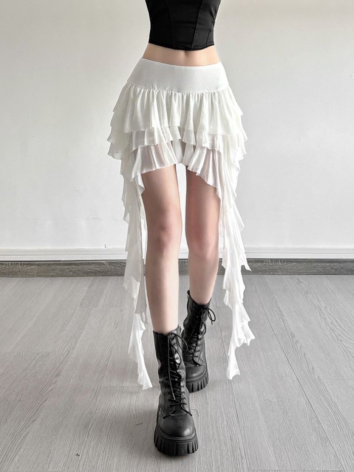váy xòe eo cao phối bèo cá tính, váy giảm béo đa năng không đều