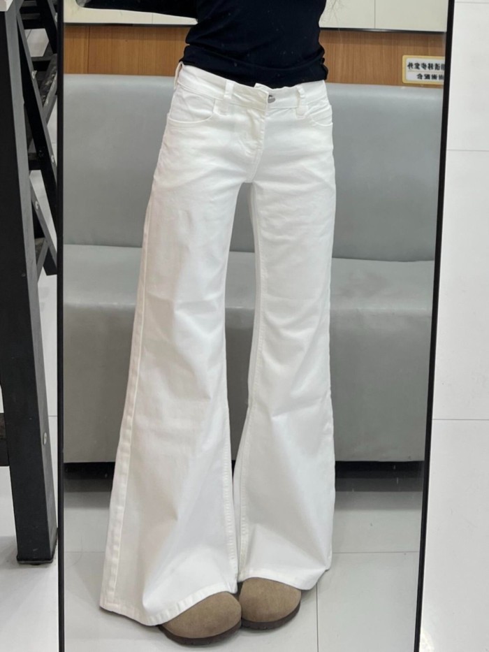 Quần jeans bootcut trắng cạp thấp của Mỹ dành cho nữ, phong cách mùa xuân mới, rộng rãi và linh