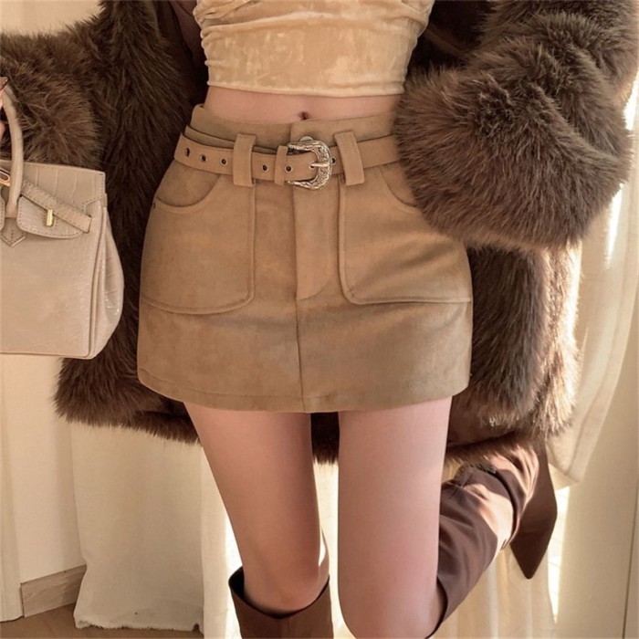 Da hoẵng Hot Girl Váy Váy ngắn Váy ngắn eo cao Giày bốt giảm béo