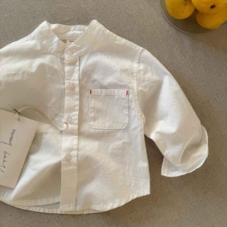Áo sơ mi cotton sọc nguyên chất cho bé trai và bé gái màu trơn có túi áo sơ mi trắng giản dị